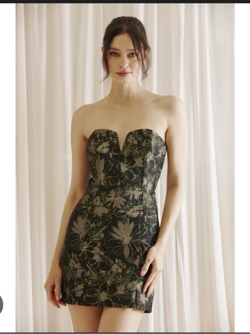 Strapless Floral Jacquard Mini Dress - Golden Pattern on Black